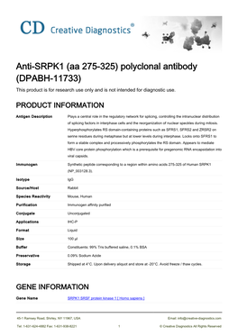 Anti-SRPK1 (Aa 275-325) Polyclonal Antibody (DPABH-11733) This Product Is for Research Use Only and Is Not Intended for Diagnostic Use