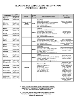 Planning Des Echanges De Reservations -Annee 2020- Limoux