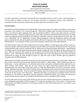 STATE of ILLINOIS INVITATION for BID Illinois Department of Corrections Prison Rape Elimination Act (PREA) Certified Audit Services PBC: 17-105188