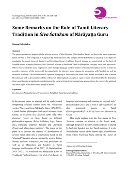 Some Remarks on the Role of Tamil Literary Tradition in Śiva Śatakam of Nārāyaṇa Guru