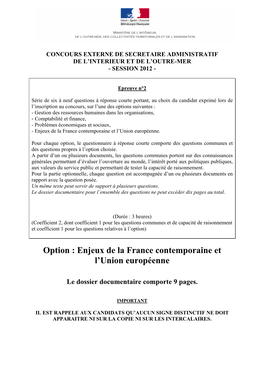 Option : Enjeux De La France Contemporaine Et L'union Européenne