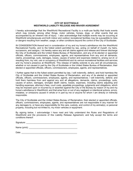 City of Scottsdale Westworld Liability Release and Waiver Agreement