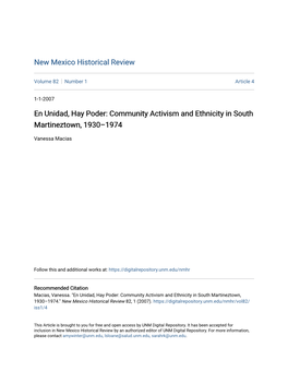 En Unidad, Hay Poder: Community Activism and Ethnicity in South Martineztown, 1930–1974