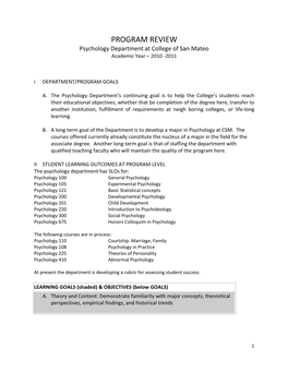 PROGRAM REVIEW Psychology Department at College of San Mateo Academic Year – 2010 -2011