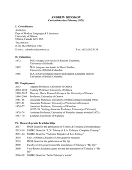 ANDREW DONSKOV Curriculum Vitæ (February 2021)