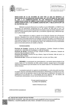 Resolución De 23 De Octubre De 2020 Por La Que Se Modifica La Resolución De Autorización Excepcional De 2 De Octubre De 2020