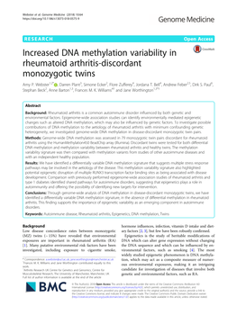 Increased DNA Methylation Variability in Rheumatoid Arthritis-Discordant Monozygotic Twins Amy P