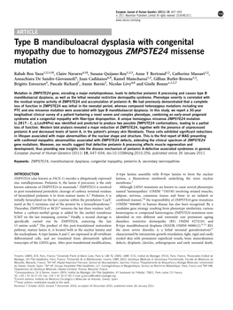 Type B Mandibuloacral Dysplasia with Congenital Myopathy Due to Homozygous ZMPSTE24 Missense Mutation