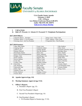 UAA Faculty Senate Agenda February 2, 2018 2:30 - 4:30 P.M