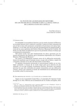 El Puente De Las Donadas De Montoro: De Los Inicios De Su Construcción a La Real Cédula De La Reina Juana De Castilla