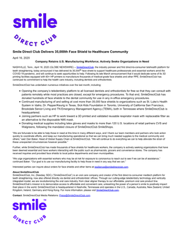 Smile Direct Club Delivers 35,000Th Face Shield to Healthcare Community