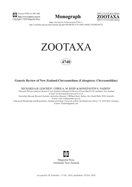 Generic Review of New Zealand Chrysomelinae (Coleoptera: Chrysomelidae)