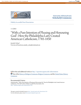 "With a Pure Intention of Pleasing and Honouring God": How the Philadelphia Laity Created American Catholicism, 1785-1