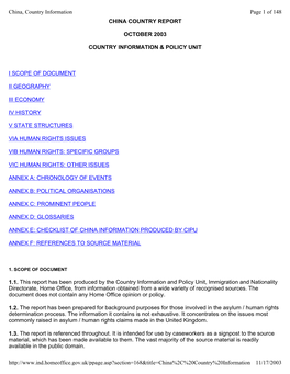 Country of Origin Information Report: China October 2003