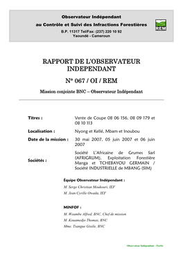 Rapport De Mission REM N°067 Cameroun