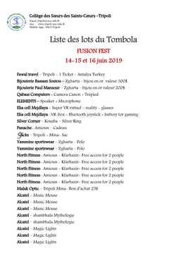 Liste Des Lots Du Tombola FUSION FEST 14-15 Et 16 Juin 2019