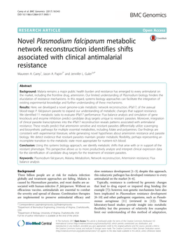 Novel Plasmodium Falciparum Metabolic Network Reconstruction Identifies Shifts Associated with Clinical Antimalarial Resistance Maureen A