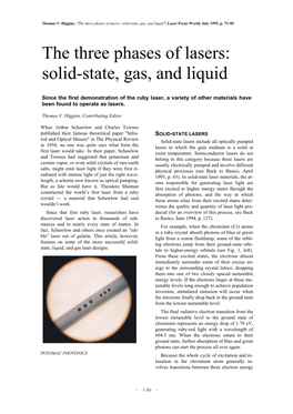 The Three Phases of Lasers: Solid-State, Gas, and Liquid”, Laser Focus World, July 1995, P