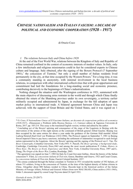 Chinese Nationalism and Italian Fascism: a Decade of Political and Economic Cooperation (1928 – 1937)