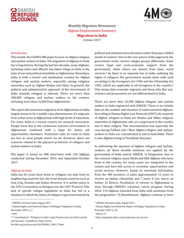 Monthly Migration Movements Afghan Displacement Summary Migration to India October 2017