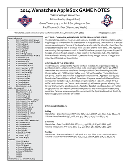 2014 Wenatchee Applesox GAME NOTES Yakima Valley at Wenatchee Friday-Sunday (August 8-10) Game Times: 7:05 P.M