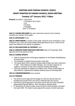 DEEPING GATE PARISH COUNCIL (DGPC) DRAFT MINUTES of PARISH COUNCIL ZOOM MEETING Tuesday 12Th January 2021 7:30Pm