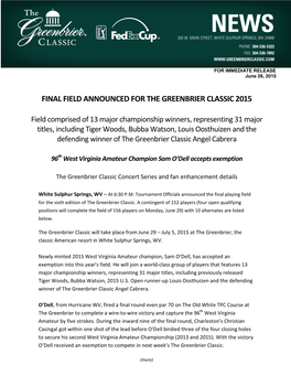 Final Field Announced for the Greenbrier Classic 2015
