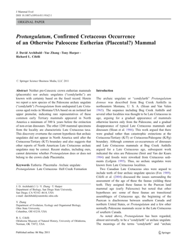 Protungulatum, Confirmed Cretaceous Occurrence of an Otherwise Paleocene Eutherian (Placental?) Mammal