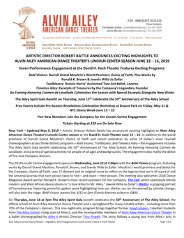 Artistic Director Robert Battle Announces Exciting Highlights to Alvin Ailey American Dance Theater’S Lincoln Center Season June 12 – 16, 2019