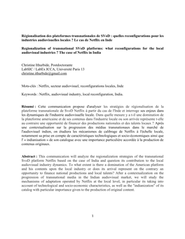 Régionalisation Des Plateformes Transnationales De Svod : Quelles Reconfigurations Pour Les Industries Audiovisuelles Locales ? Le Cas De Netflix En Inde