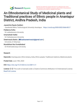 An Ethnobotanical Study of Medicinal Plants and Traditional Practices of Ethnic People in Anantapur District, Andhra Pradesh, India