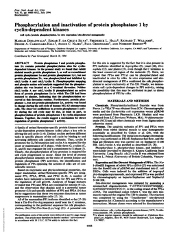 Phosphorylation and Inactivation of Protein Phosphatase 1 by Cyclin-Dependent Kinases (Cel Cyck/Protein Ihisphor-Ltln/I T / -Dc Mutagens) MARIAM DOHADWALA*, EDGAR F