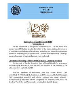 Celebration of Gandhi Jayanti 2018 PRESS RELEASE in the Framework of the Global Commemoration of the 150Th Birth Anniversary O