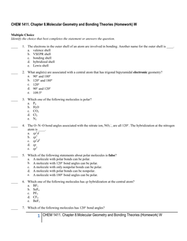 1 CHEM 1411. Chapter 8.Molecular Geometry and Bonding Theories (Homework) W