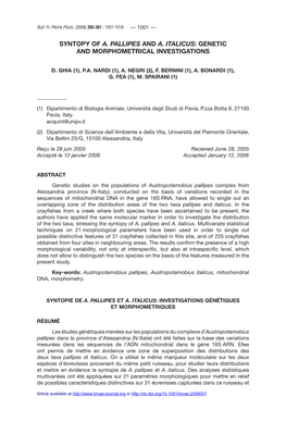 Syntopy of A. Pallipes and A. Italicus: Genetic and Morphometrical Investigations