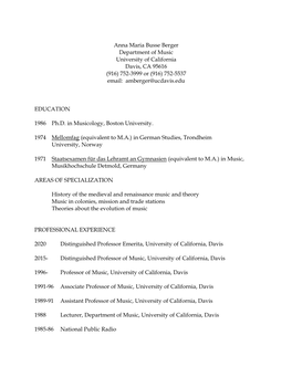 Anna Maria Busse Berger Department of Music University of California Davis, CA 95616 (916) 752-3999 Or (916) 752-5537 Email: Amberger@Ucdavis.Edu