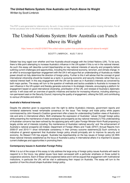 The United Nations System: How Australia Can Punch Above Its Weight Written by Scott Limbrick