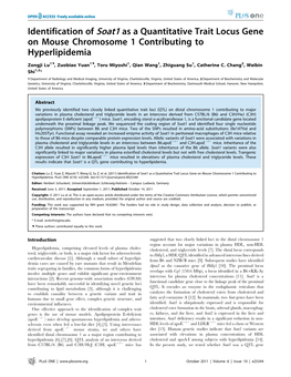 Identification of Soat1 As a Quantitative Trait Locus Gene on Mouse Chromosome 1 Contributing to Hyperlipidemia