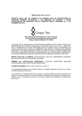 Grupo Axo, S.A.P.I. De C.V. Reporte Anual Que Se