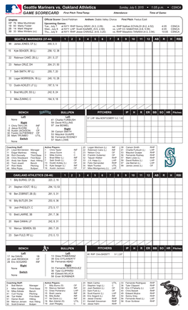 Seattle Mariners Vs. Oakland Athletics Sunday, July 5, 2015 W 1:05 P.M