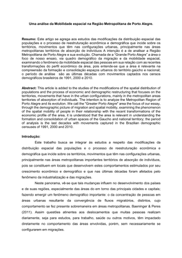 Uma Análise Da Mobilidade Espacial Na Região Metropolitana De Porto Alegre