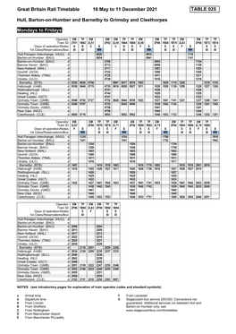 Great Britain Rail Timetable 16 May to 11 December 2021 TABLE 025