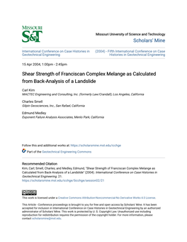 Shear Strength of Franciscan Complex Melange As Calculated from Back-Analysis of a Landslide