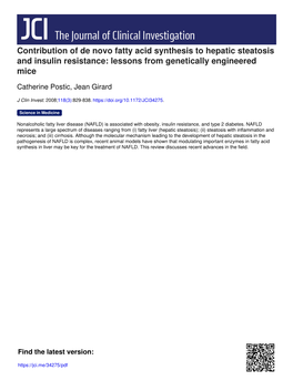 Contribution of De Novo Fatty Acid Synthesis to Hepatic Steatosis and Insulin Resistance: Lessons from Genetically Engineered Mice