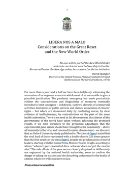 LIBERA NOS a MALO Considerations on the Great Reset and the New World Order