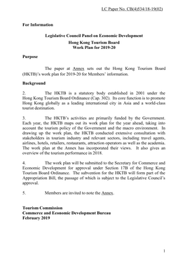 Administration's Paper on Hong Kong Tourism Board Work Plan for 2019-20