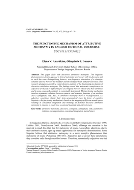 The Functioning Mechanism of Attributive Metonymy in English Fictional Discourse Udc 811.111'373.612.2