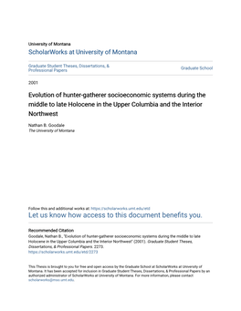 Evolution of Hunter-Gatherer Socioeconomic Systems During the Middle to Late Holocene in the Upper Columbia and the Interior Northwest