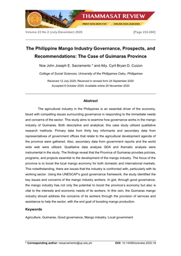 The Philippine Mango Industry Governance, Prospects, and Recommendations: the Case of Guimaras Province