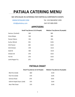 Patiala Catering Menu